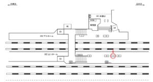 JR／宿河原駅／上りホーム／№1駅看板・駅広告、位置図